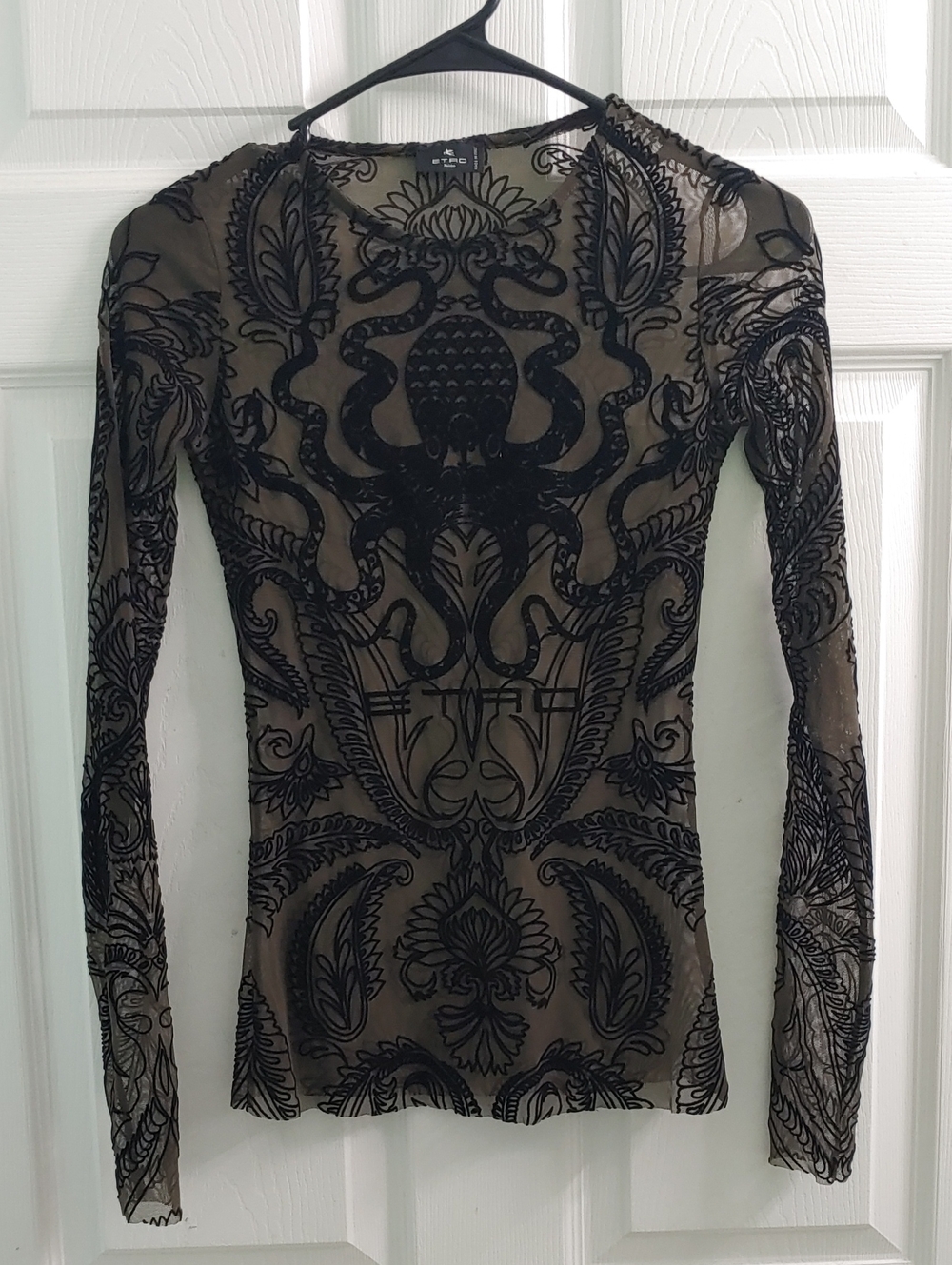 Etro Sheer Black Velvet Octopus Shirt Luxury Long Sleeve Designer Velour Size XS
